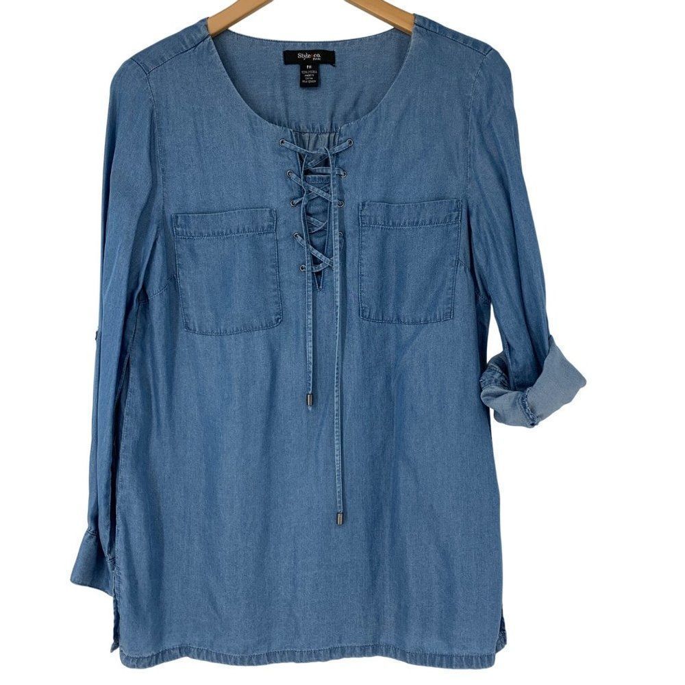 Women Style & Co M Petite Chambray Lyocell Shirt Top Roll Tab Sleeves 3849